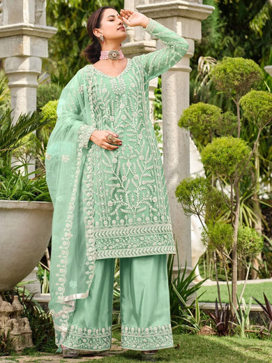 Awesome Mint Green Embroidered Net Palazzo Suit With Dupatta